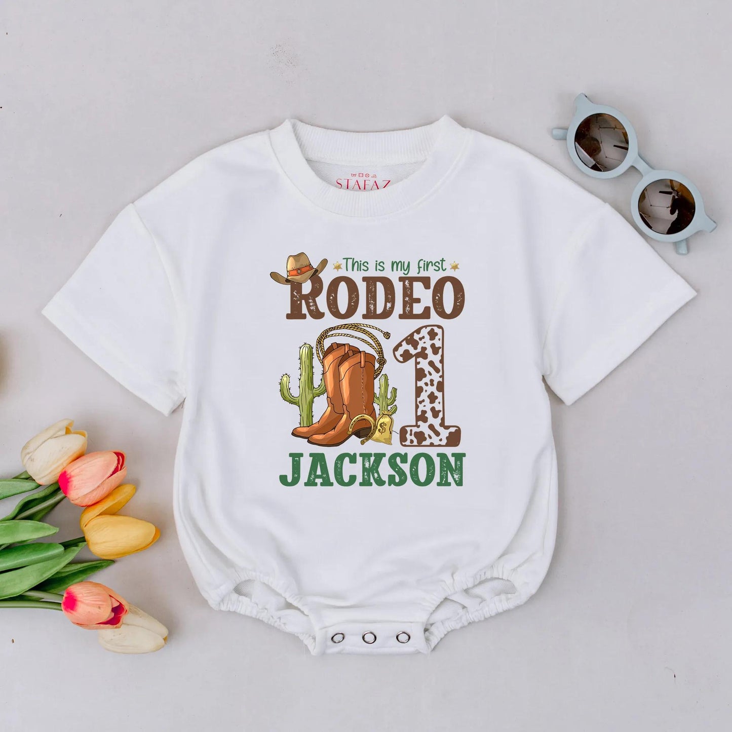 Personalized First Rodeo Romper Jackson Cowboy Baby Outfit 1st Birthday Boy Gift Newborn Outfit