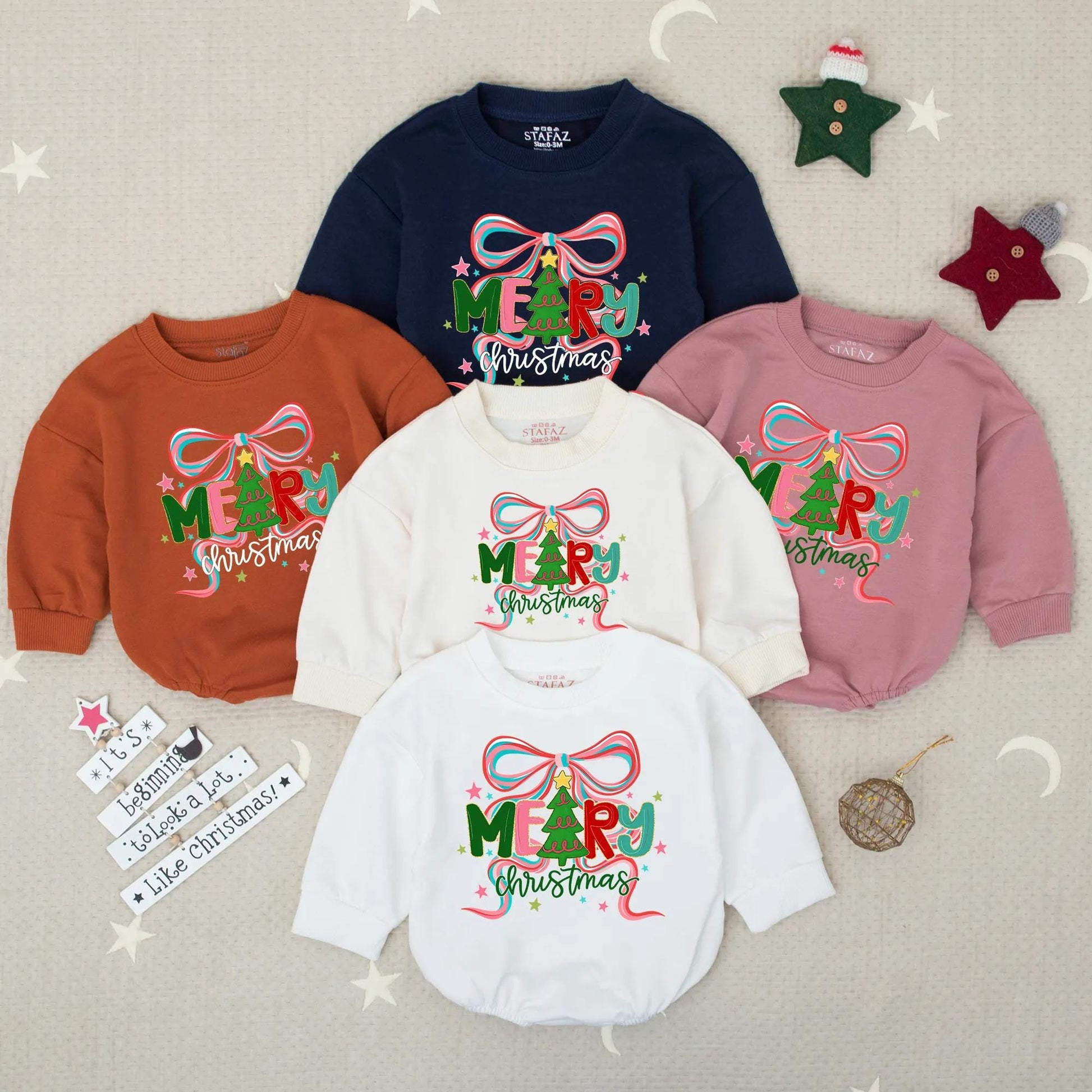 Merry Christmas Sophia Romper, Personalized Gold Tree Bow Outfit, Baby Girl Xmas Sweatshirt, Holiday Winter Gift, Cute Custom Name Clothes 139 chars