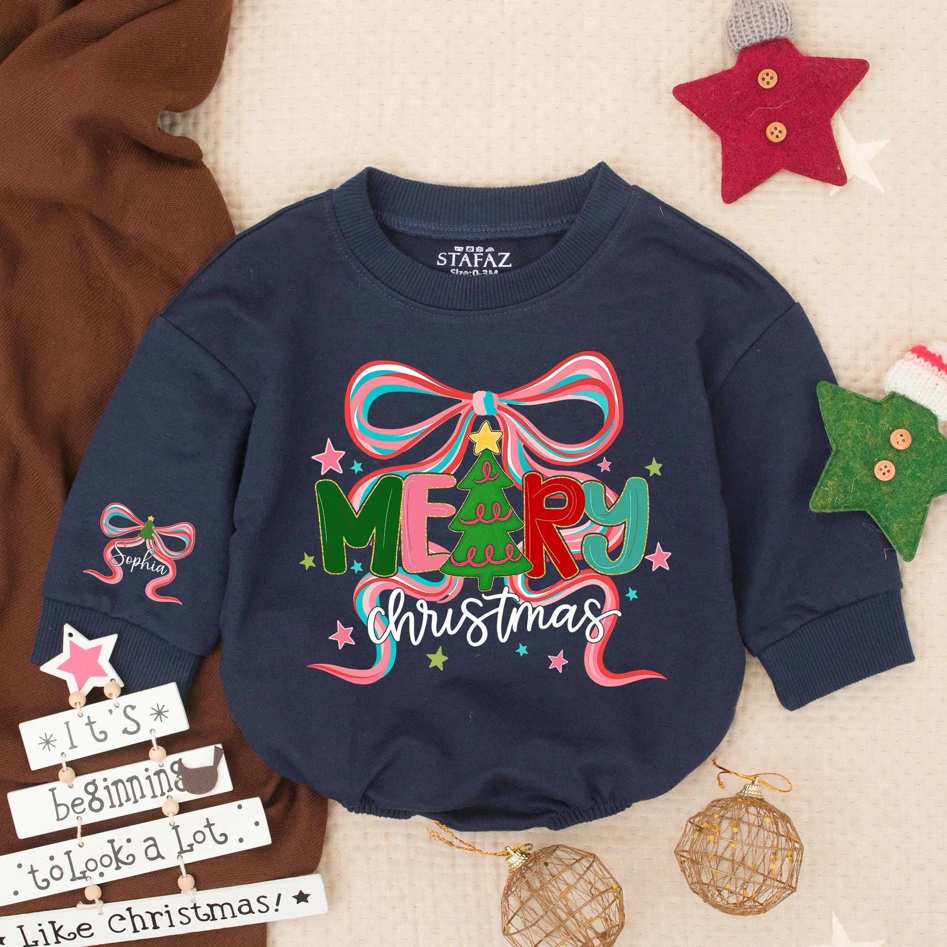 Merry Christmas Sophia Romper, Personalized Gold Tree Bow Outfit, Baby Girl Xmas Sweatshirt, Holiday Winter Gift, Cute Custom Name Clothes 139 chars