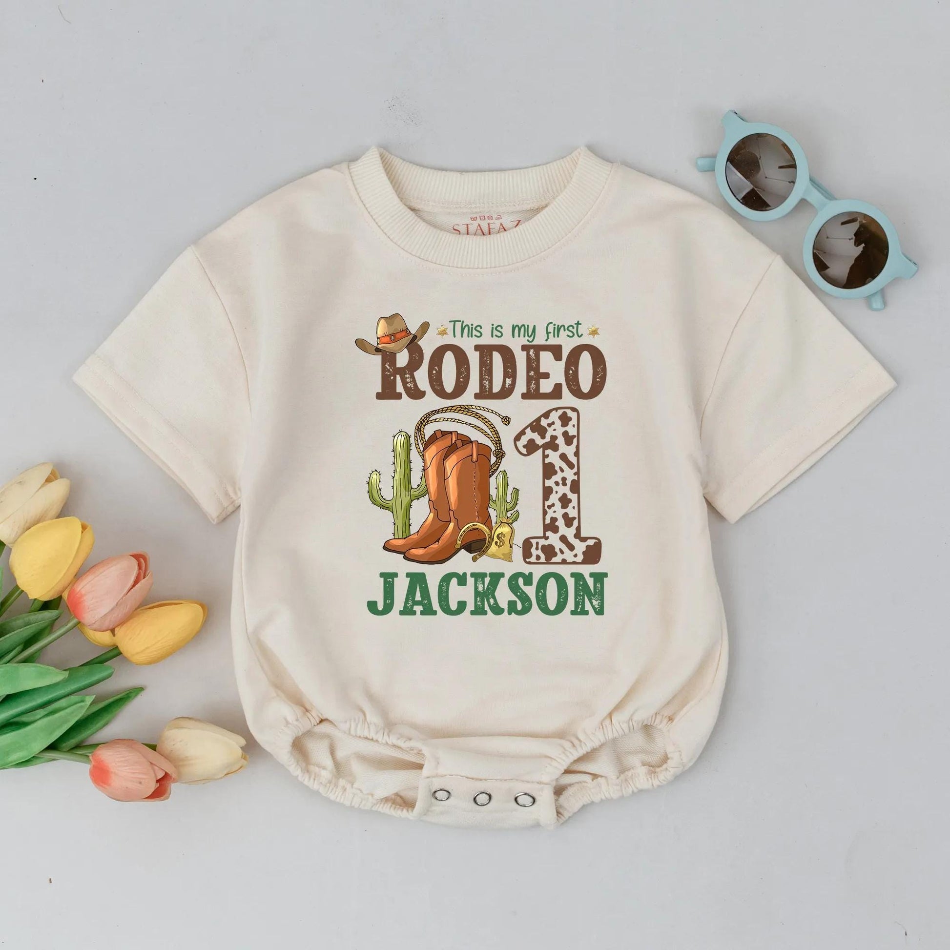 Personalized First Rodeo Romper Jackson Cowboy Baby Outfit 1st Birthday Boy Gift Newborn Outfit
