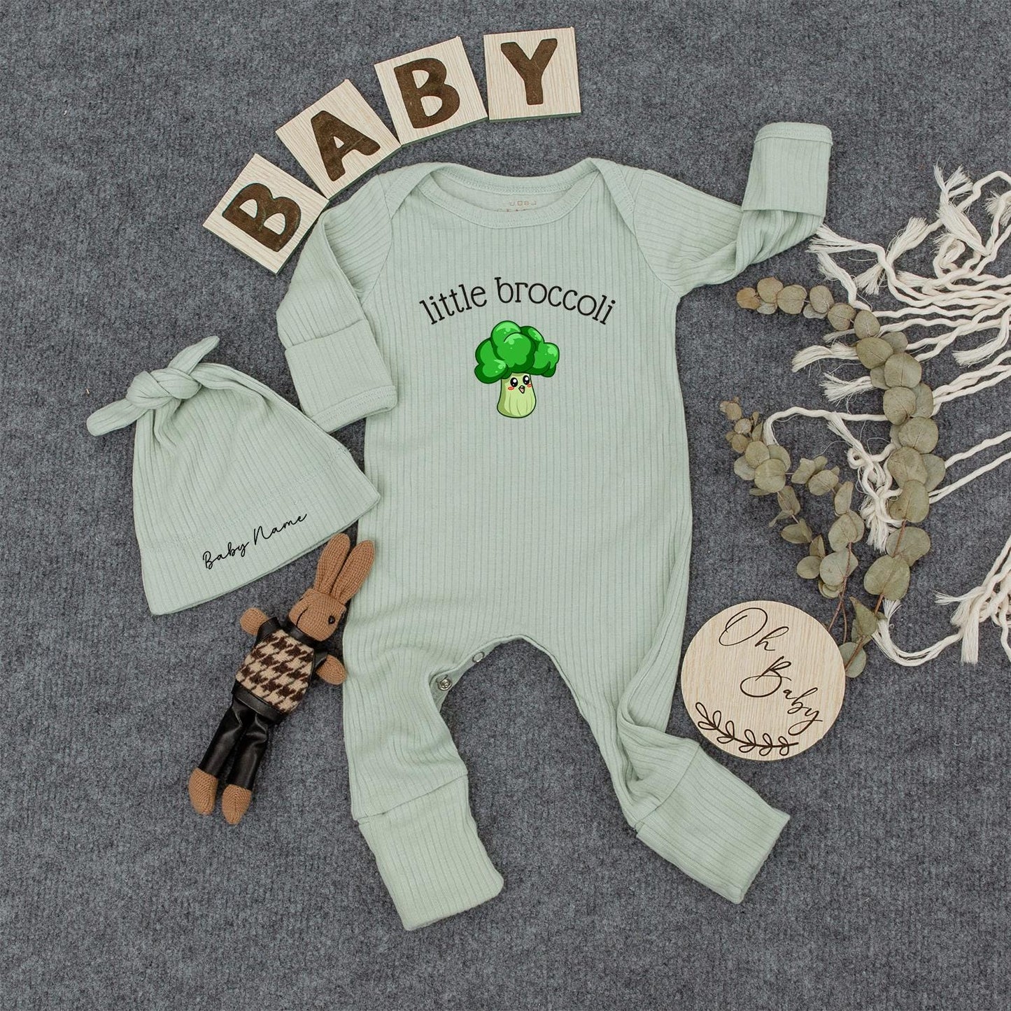 Little Broccoli Baby Romper Funny Vegetable Bodysuit Personalized with Baby Name Cute Shower Gift Ribbed Long Sleeve Outfit Newborn Coming Home Clothes