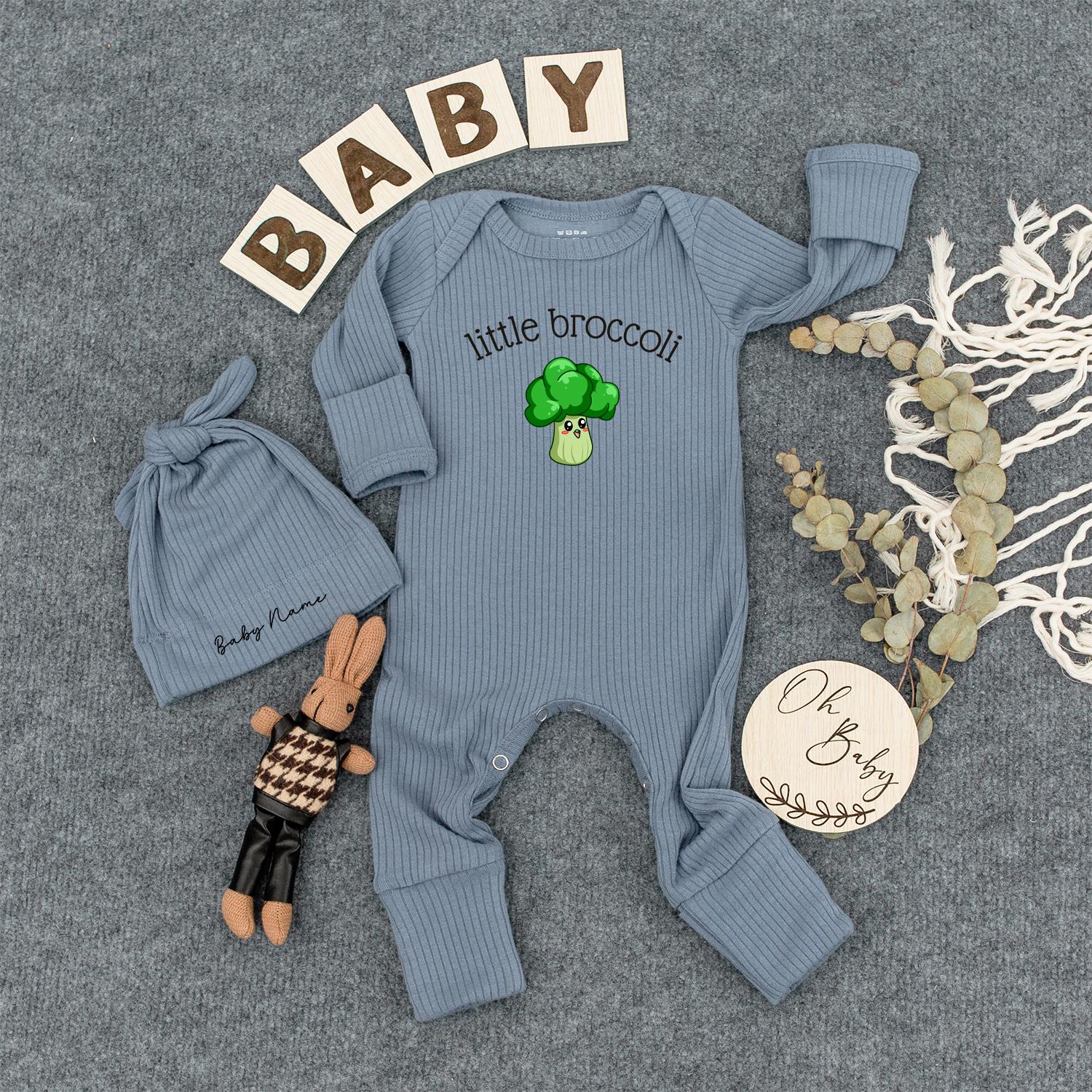 Little Broccoli Baby Romper Funny Vegetable Bodysuit Personalized with Baby Name Cute Shower Gift Ribbed Long Sleeve Outfit Newborn Coming Home Clothes