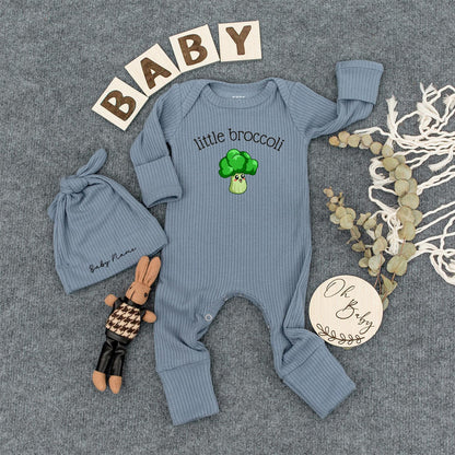 Little Broccoli Baby Romper Funny Vegetable Bodysuit Personalized with Baby Name Cute Shower Gift Ribbed Long Sleeve Outfit Newborn Coming Home Clothes