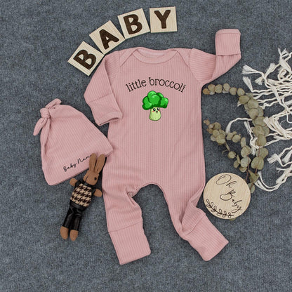 Little Broccoli Baby Romper Funny Vegetable Bodysuit Personalized with Baby Name Cute Shower Gift Ribbed Long Sleeve Outfit Newborn Coming Home Clothes