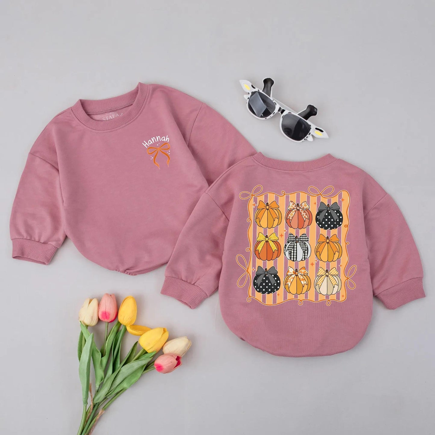 Personalized Pumpkin Patch Romper, Bows & Name, Fall Baby Girl Outfit, Custom Autumn Clothes, Cute Thanksgiving Costume, Playful Polka Dot Gingham Style (139 chars)
