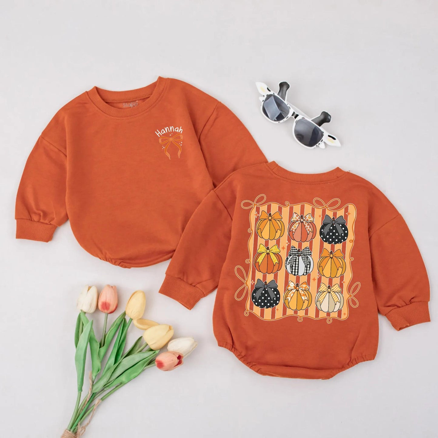 Personalized Pumpkin Patch Romper, Bows & Name, Fall Baby Girl Outfit, Custom Autumn Clothes, Cute Thanksgiving Costume, Playful Polka Dot Gingham Style (139 chars)