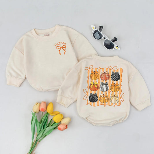 Personalized Pumpkin Patch Romper, Bows & Name, Fall Baby Girl Outfit, Custom Autumn Clothes, Cute Thanksgiving Costume, Playful Polka Dot Gingham Style (139 chars)