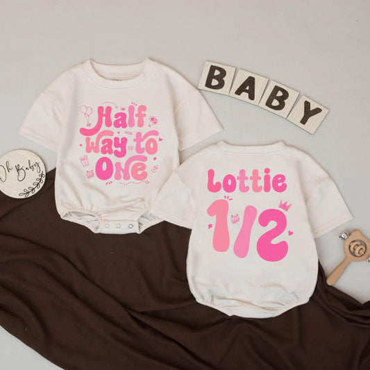 Custom Lottie Half Way to One Romper Adorable Baby Girl Half Birthday Outfit Sweet Pink Celebration Gift 6 Months Milestone