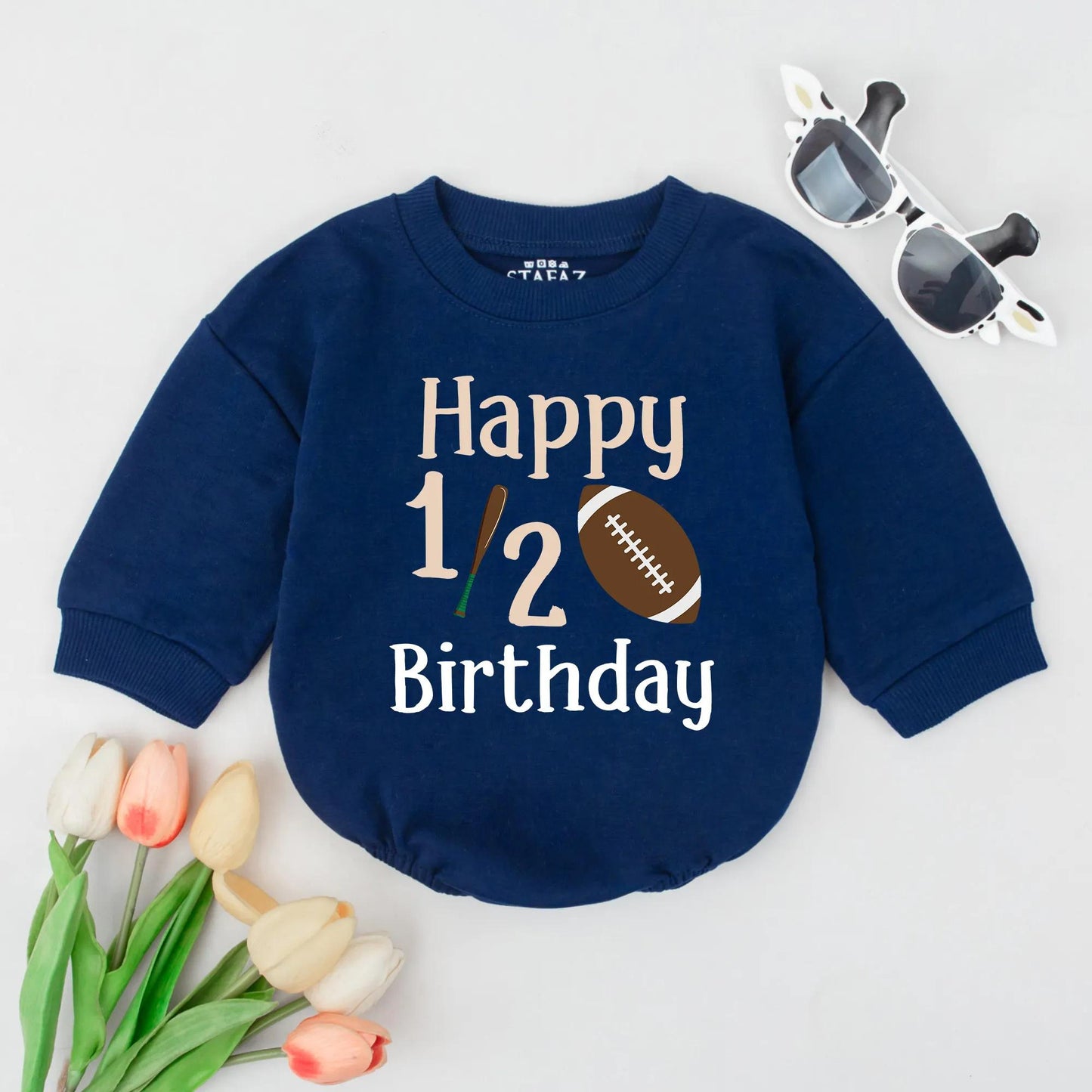 Happy 1/2 Birthday Football Romper Baby Boy Outfit 6 Months Old Sport Theme Bodysuit Gift, Fun Half Birthday Clothes