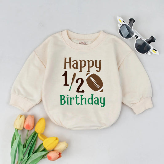 Happy 1/2 Birthday Football Romper Baby Boy Outfit 6 Months Old Sport Theme Bodysuit Gift, Fun Half Birthday Clothes