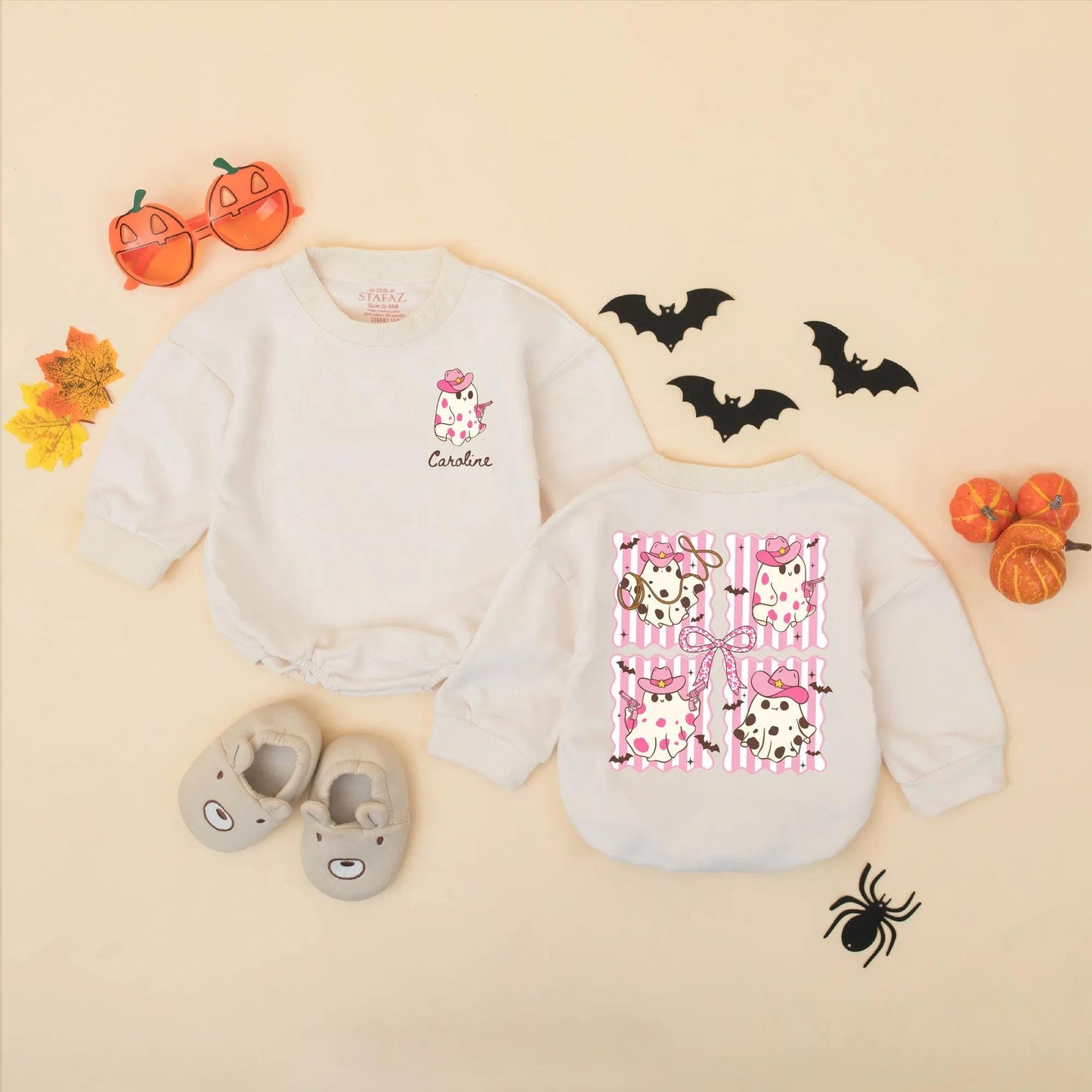 Custom Pink Cowboy Ghost Baby Romper Personalized Name Western Halloween Outfit Infant Girl Cute Spooky Season Costume Newborn Gift