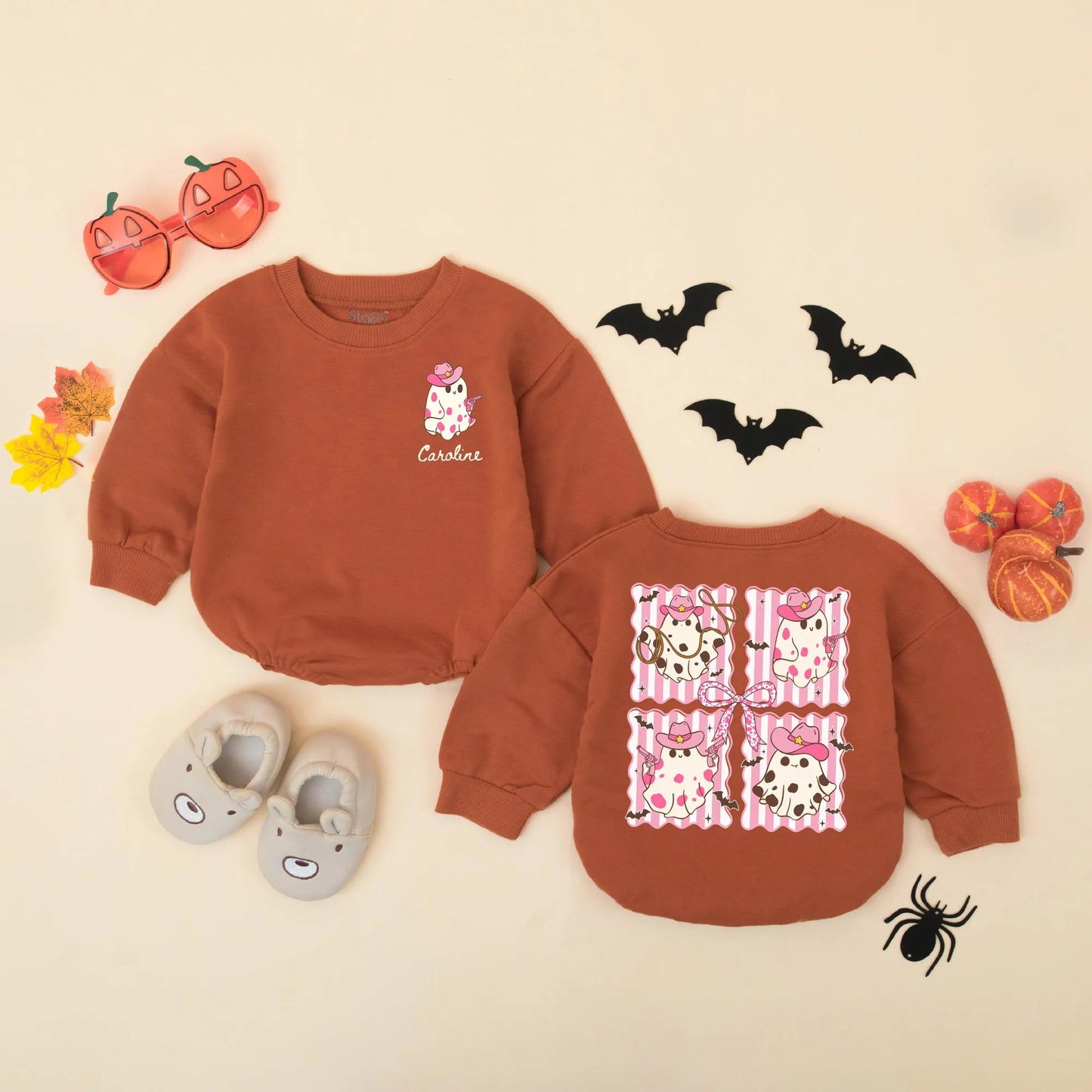 Custom Pink Cowboy Ghost Baby Romper Personalized Name Western Halloween Outfit Infant Girl Cute Spooky Season Costume Newborn Gift