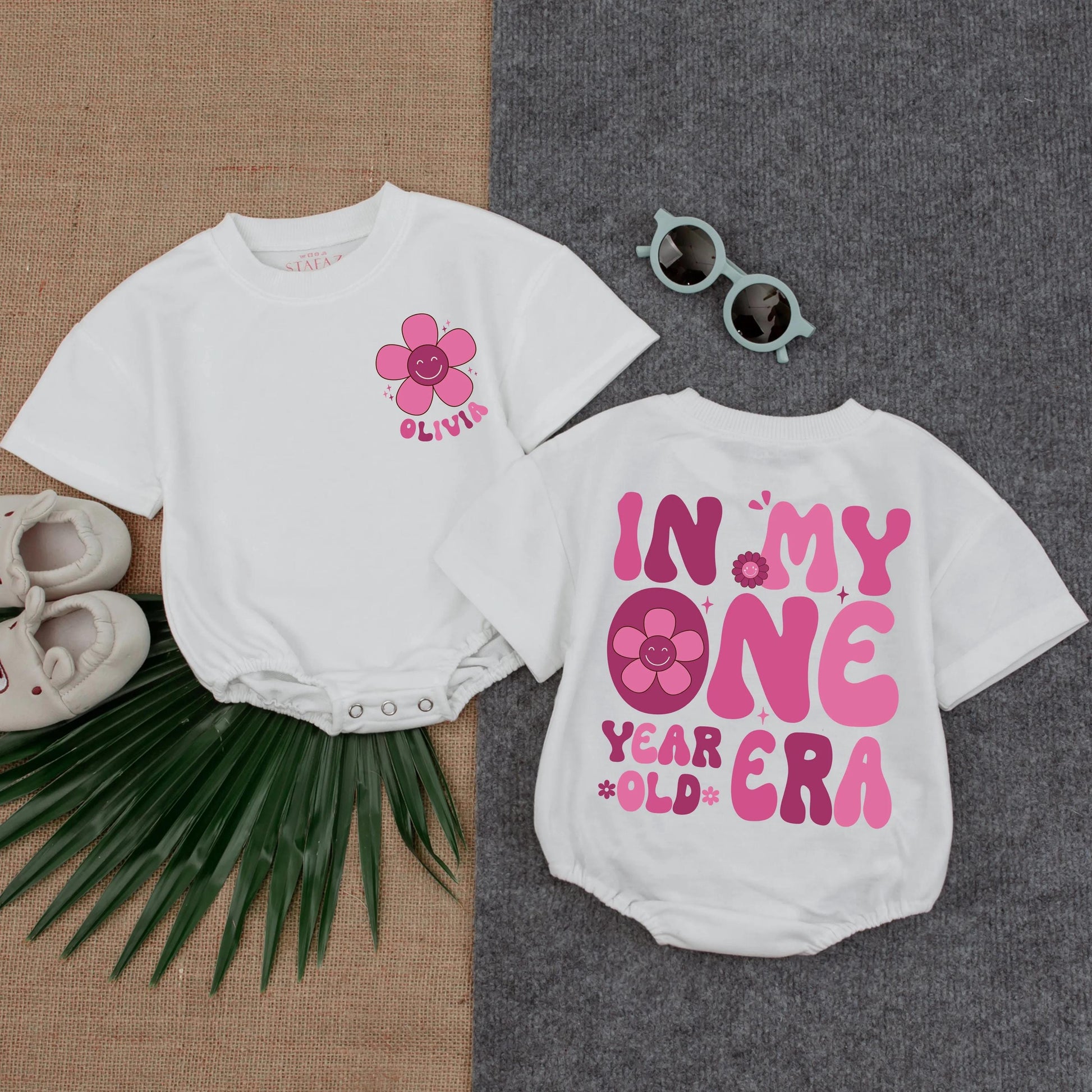 Personalized First Birthday Girl Romper Retro 70s Smiley Face Flower Outfit, Custom Name One Year Old Era Toddler Shirt Summer Gift 1st Bday Party (139)