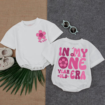 Personalized First Birthday Girl Romper Retro 70s Smiley Face Flower Outfit, Custom Name One Year Old Era Toddler Shirt Summer Gift 1st Bday Party (139)