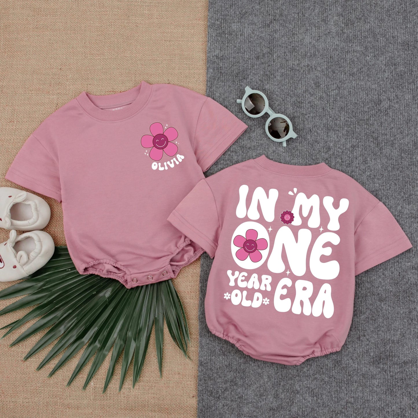 Personalized First Birthday Girl Romper Retro 70s Smiley Face Flower Outfit, Custom Name One Year Old Era Toddler Shirt Summer Gift 1st Bday Party (139)