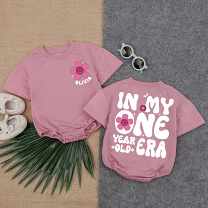 Personalized First Birthday Girl Romper Retro 70s Smiley Face Flower Outfit, Custom Name One Year Old Era Toddler Shirt Summer Gift 1st Bday Party (139)