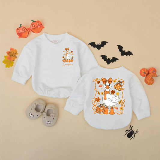 Personalized Caroline Fall Goose Baby Romper Cute Autumn Girly Bodysuit with Pumpkins Leaves Flowers Funny Thanksgiving Baby Clothes Gift