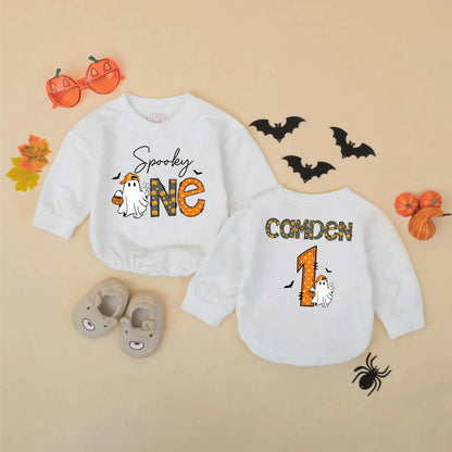 Spooky One Birthday Romper: Personalized Halloween Outfit for Baby Boy, Ghost with Pumpkin, Fall Party Clothes, Cute 1st Birthday Gift, Custom Name Outfit (139 chars)