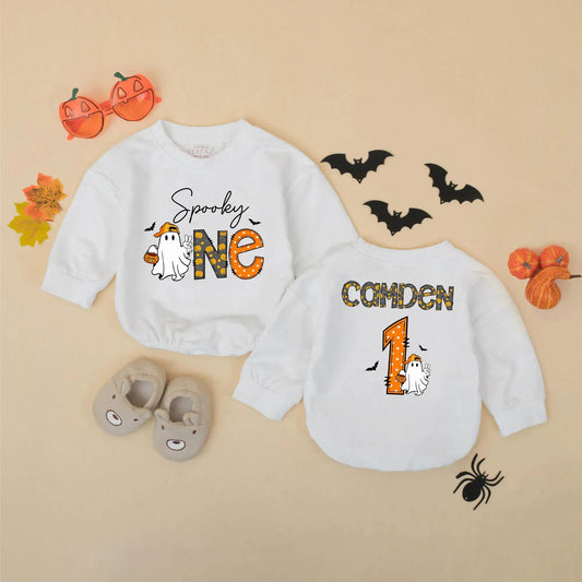Spooky One Birthday Romper: Personalized Halloween Outfit for Baby Boy, Ghost with Pumpkin, Fall Party Clothes, Cute 1st Birthday Gift, Custom Name Outfit (139 chars)