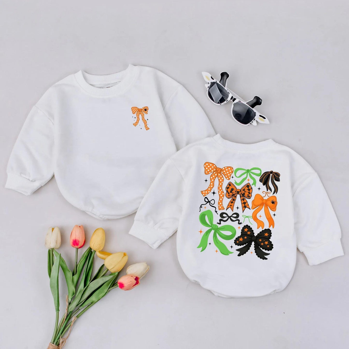 Retro Halloween Bow Bubble Romper, Spooky Polka Dot Girl Outfit, Cute Fall Baby Clothes with Orange, Black & Green Bows, Vintage Spiders, Stars Gift 138