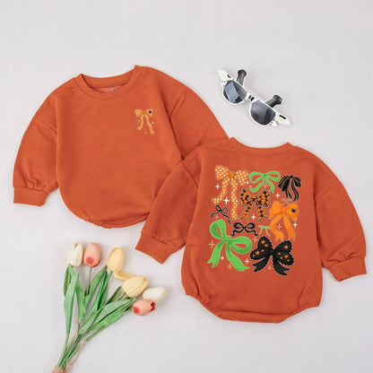 Retro Halloween Bow Bubble Romper, Spooky Polka Dot Girl Outfit, Cute Fall Baby Clothes with Orange, Black & Green Bows, Vintage Spiders, Stars Gift 138
