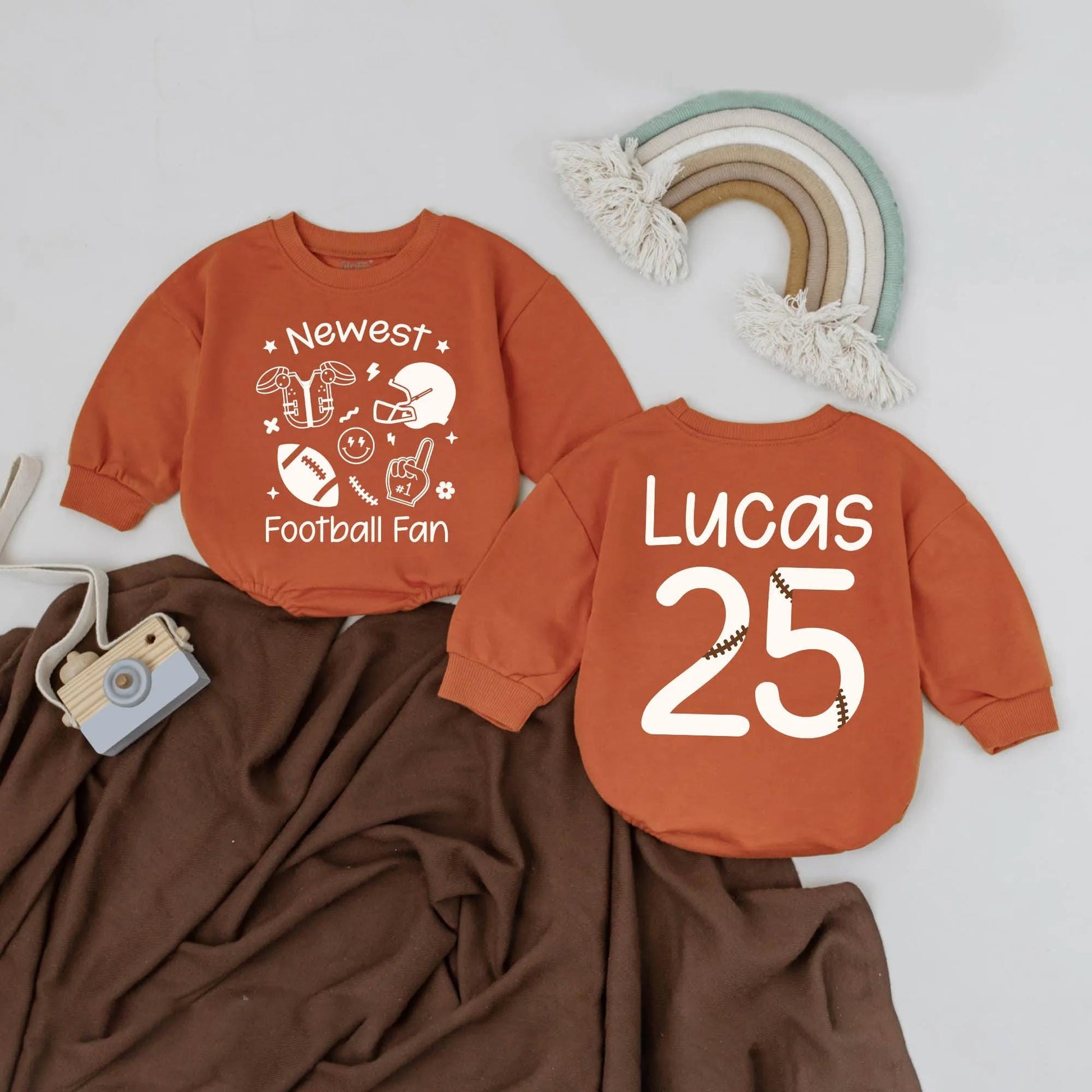 Newest Football Fan Baby Romper Brown Sports Design Lucas 25 Birthday Outfit Toddler Infant Football Gift