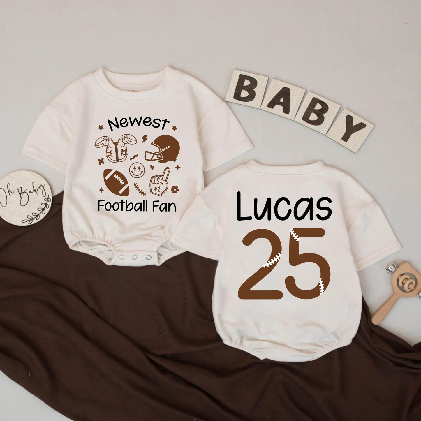 Newest Football Fan Baby Romper Brown Sports Design Lucas 25 Birthday Outfit Toddler Infant Football Gift