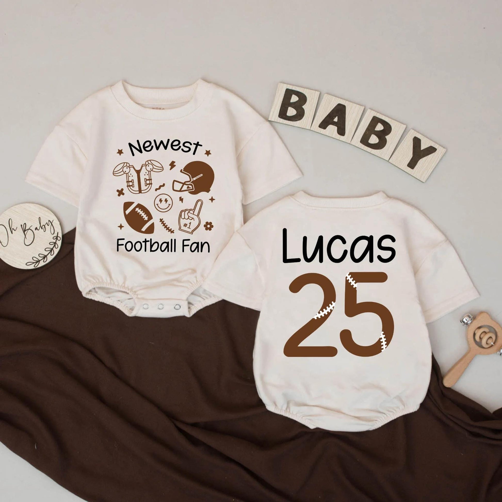 Newest Football Fan Baby Romper Brown Sports Design Lucas 25 Birthday Outfit Toddler Infant Football Gift