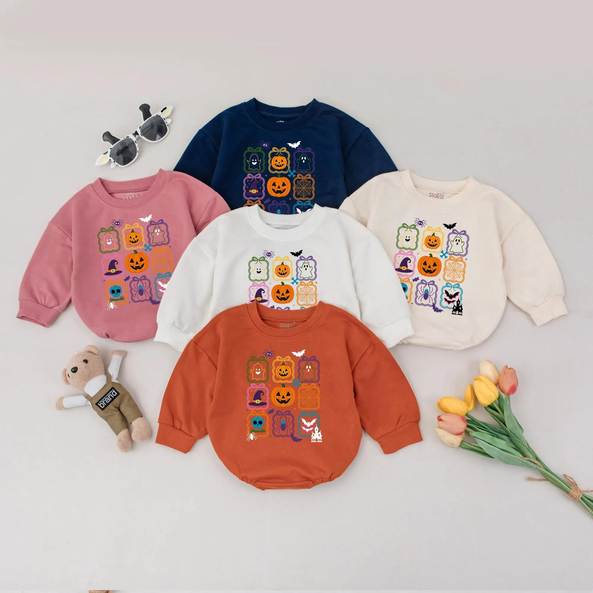 Cute Halloween Bubble Romper Pumpkin Ghost Baby Outfit First Halloween Bodysuit Fall Baby Shower Gift Spooky Season Grid Design
