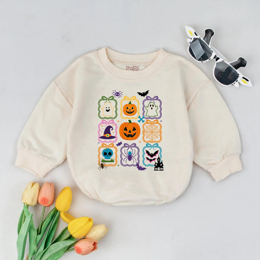 Cute Halloween Bubble Romper Pumpkin Ghost Baby Outfit First Halloween Bodysuit Fall Baby Shower Gift Spooky Season Grid Design