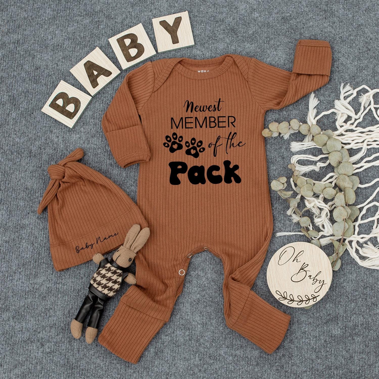 Newest Member of the Pack Baby Romper Dog Lover Outfit Neutral Ribbed Bodysuit Funny Pet Themed Baby Shower Gift
