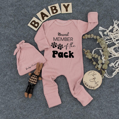 Newest Member of the Pack Baby Romper Dog Lover Outfit Neutral Ribbed Bodysuit Funny Pet Themed Baby Shower Gift