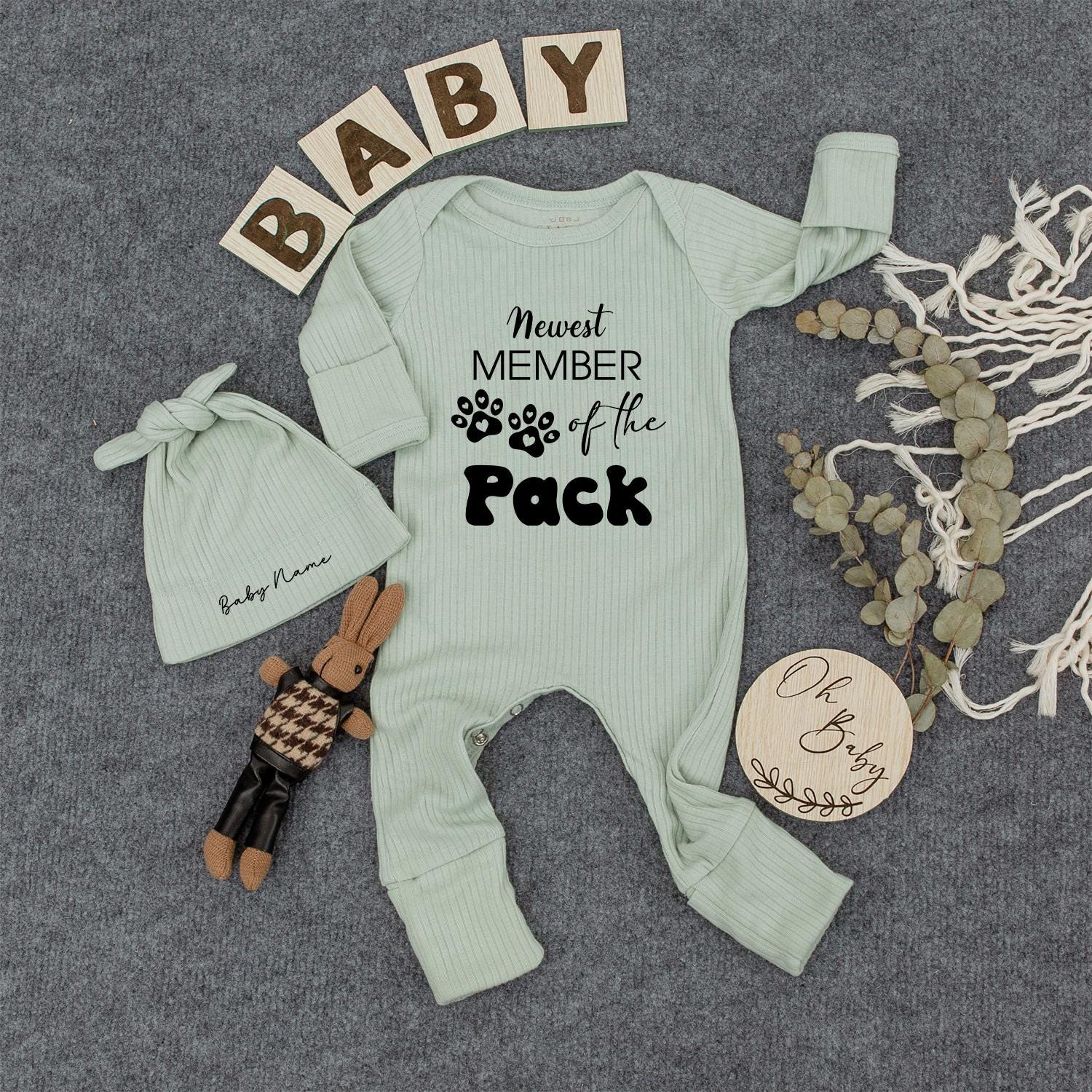 Newest Member of the Pack Baby Romper Dog Lover Outfit Neutral Ribbed Bodysuit Funny Pet Themed Baby Shower Gift