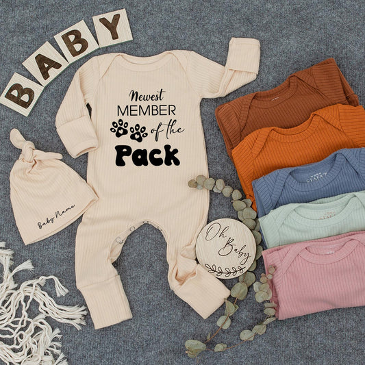 Newest Member of the Pack Baby Romper Dog Lover Outfit Neutral Ribbed Bodysuit Funny Pet Themed Baby Shower Gift