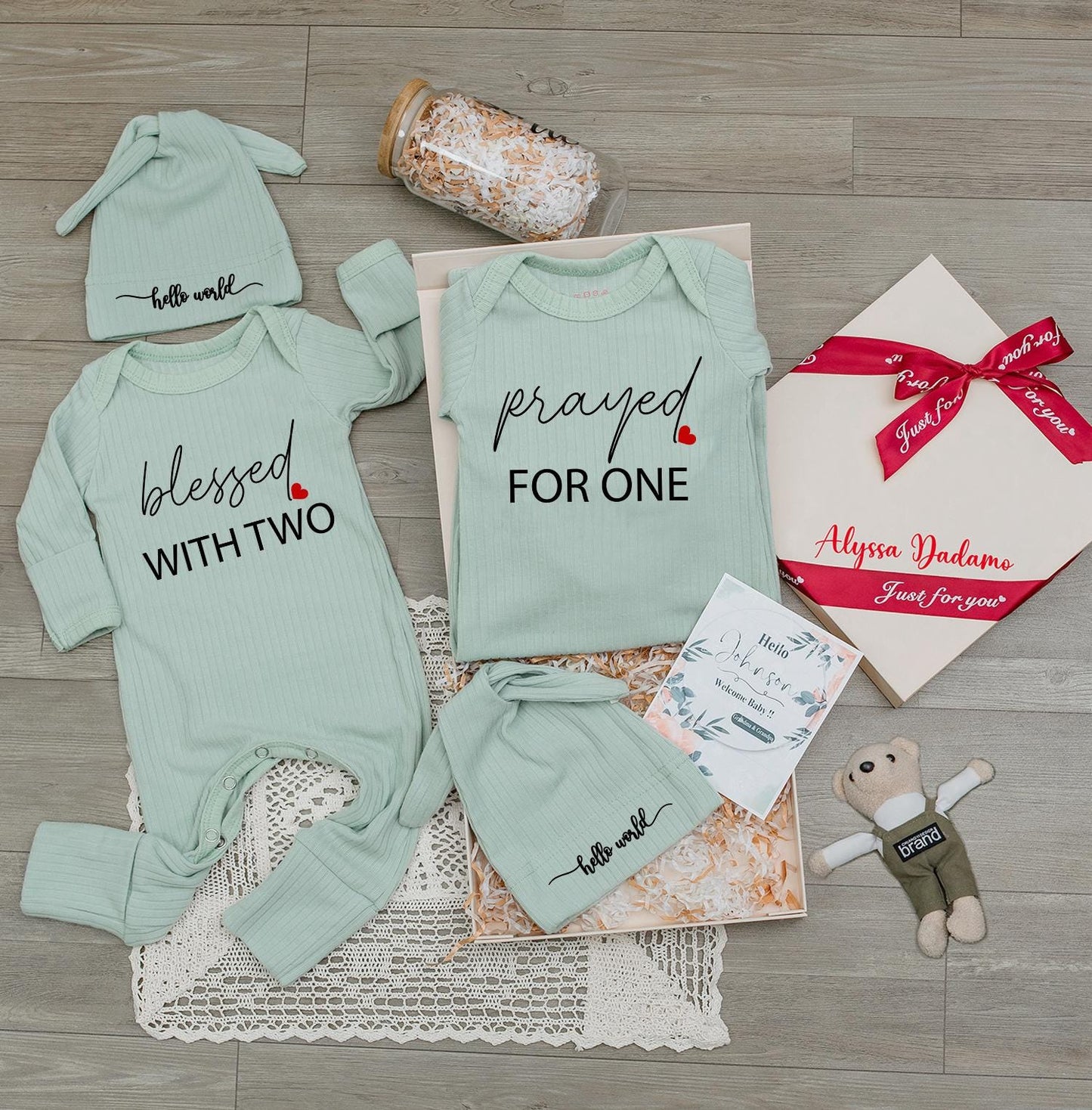 Blessed With Two Prayed For One Twin Baby Romper Set, Hello World Bodysuits, Matching Ribbed Newborn Outfits, Unisex Twin Shower Gift for Baby Twins (138 chars)