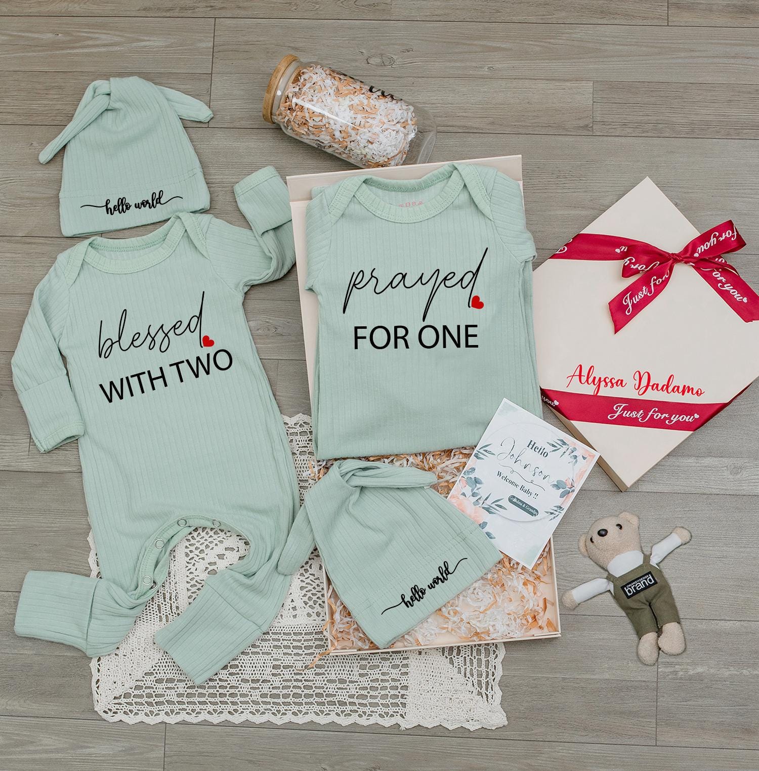 Blessed With Two Prayed For One Twin Baby Romper Set, Hello World Bodysuits, Matching Ribbed Newborn Outfits, Unisex Twin Shower Gift for Baby Twins (138 chars)