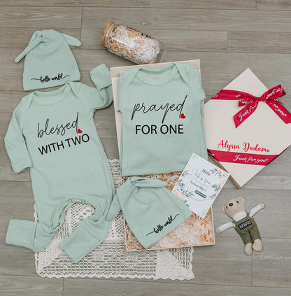 Blessed With Two Prayed For One Twin Baby Romper Set, Hello World Bodysuits, Matching Ribbed Newborn Outfits, Unisex Twin Shower Gift for Baby Twins (138 chars)