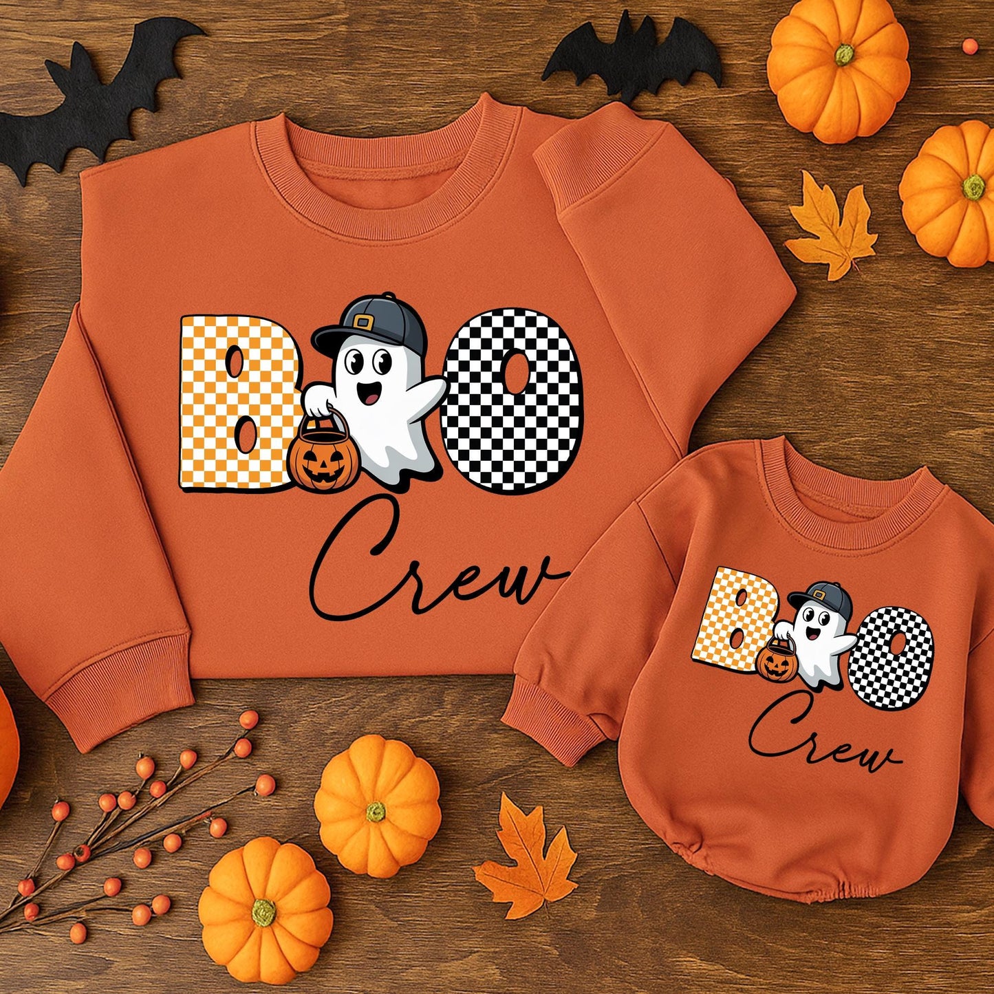 Boo Crew Ghost Romper Sweatshirt Baby Halloween Outfit Cute Checkerboard Ghost Jack-o-Lantern Toddler Fall Costume Bodysuit Sweater