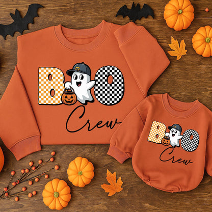 Boo Crew Ghost Romper Sweatshirt Baby Halloween Outfit Cute Checkerboard Ghost Jack-o-Lantern Toddler Fall Costume Bodysuit Sweater