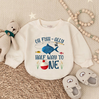 Oh Fish-Ally Half Way to One! Baby Girl Romper, Cute Ocean Fish Outfit, 6 Month Bodysuit, Playful Cartoon Sea Design, Infant Clothes, Half Birthday Gift, Soft Cotton (139 chars)