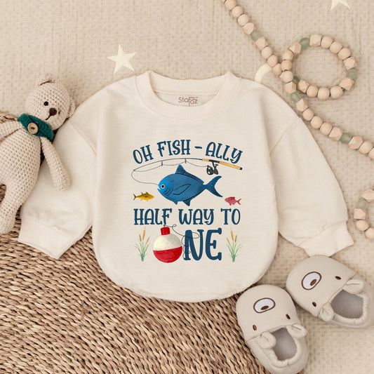 Oh Fish-Ally Half Way to One! Baby Girl Romper, Cute Ocean Fish Outfit, 6 Month Bodysuit, Playful Cartoon Sea Design, Infant Clothes, Half Birthday Gift, Soft Cotton (139 chars)