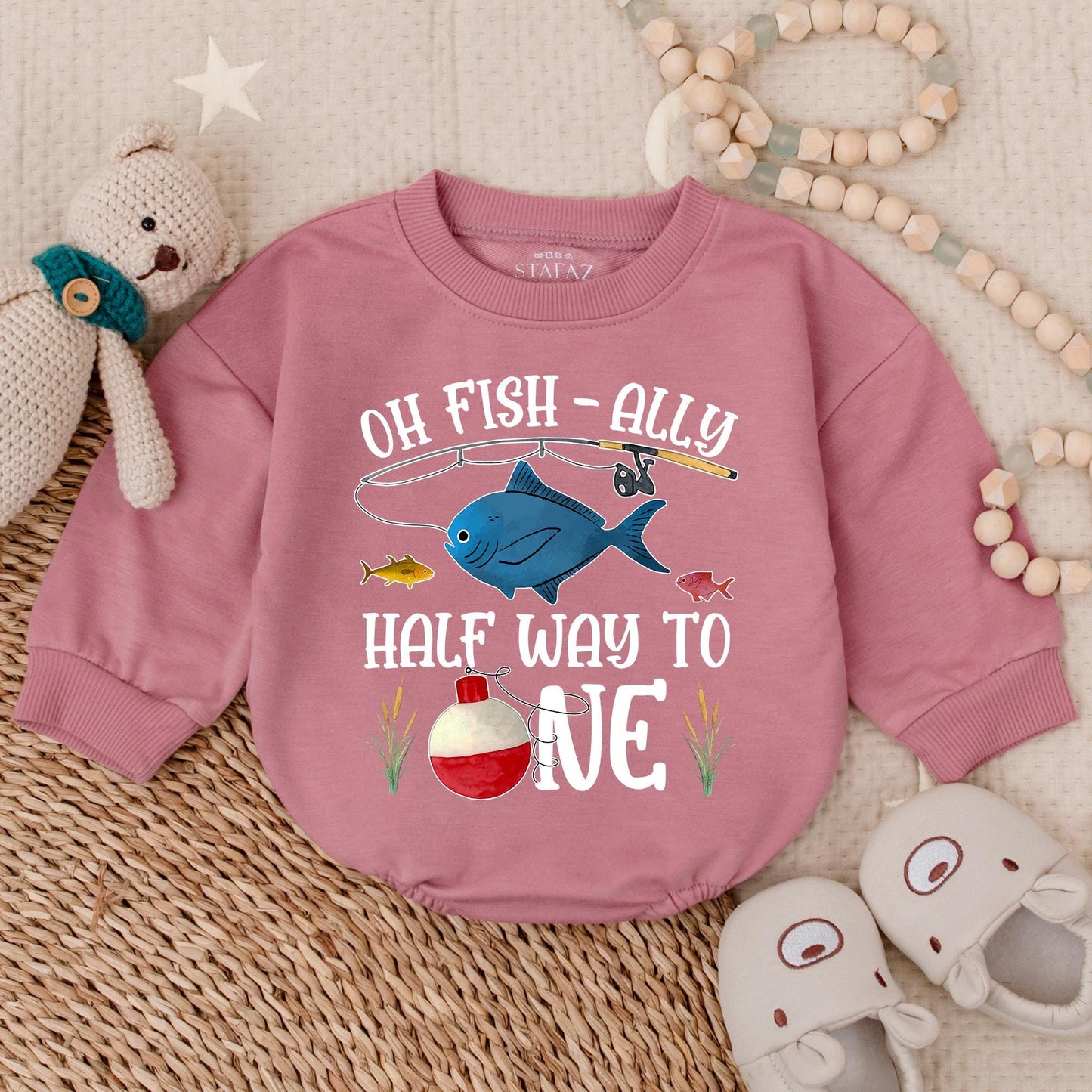 Oh Fish-Ally Half Way to One! Baby Girl Romper, Cute Ocean Fish Outfit, 6 Month Bodysuit, Playful Cartoon Sea Design, Infant Clothes, Half Birthday Gift, Soft Cotton (139 chars)