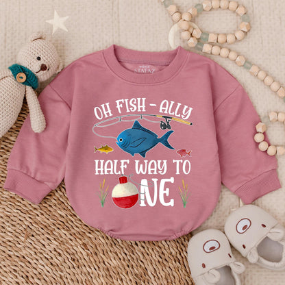 Oh Fish-Ally Half Way to One! Baby Girl Romper, Cute Ocean Fish Outfit, 6 Month Bodysuit, Playful Cartoon Sea Design, Infant Clothes, Half Birthday Gift, Soft Cotton (139 chars)