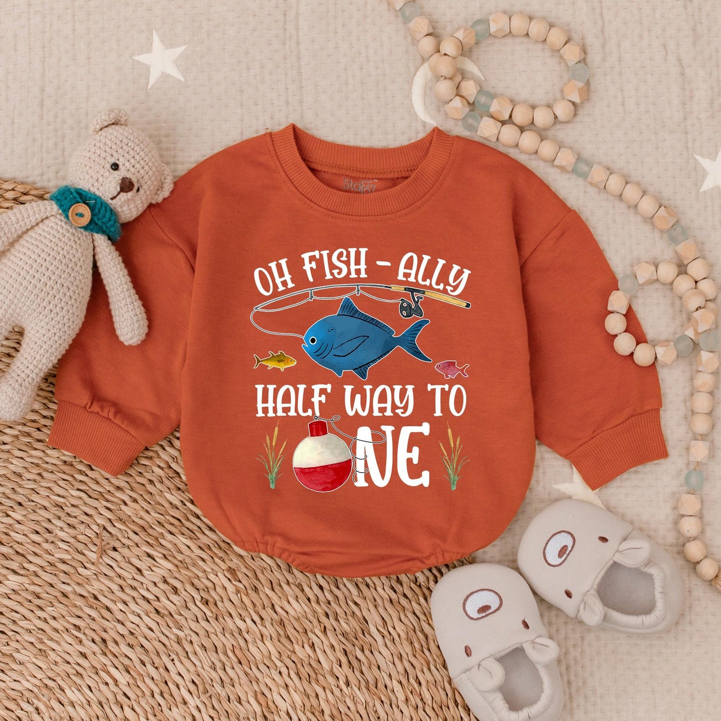 Oh Fish-Ally Half Way to One! Baby Girl Romper, Cute Ocean Fish Outfit, 6 Month Bodysuit, Playful Cartoon Sea Design, Infant Clothes, Half Birthday Gift, Soft Cotton (139 chars)