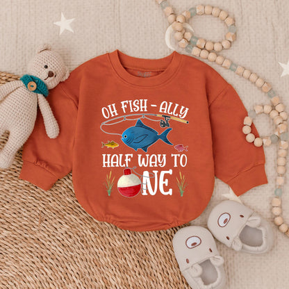 Oh Fish-Ally Half Way to One! Baby Girl Romper, Cute Ocean Fish Outfit, 6 Month Bodysuit, Playful Cartoon Sea Design, Infant Clothes, Half Birthday Gift, Soft Cotton (139 chars)