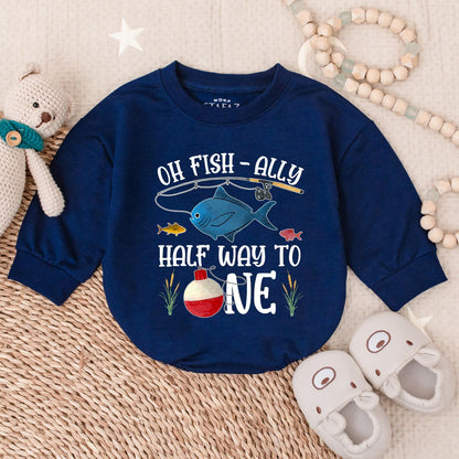 Oh Fish-Ally Half Way to One! Baby Girl Romper, Cute Ocean Fish Outfit, 6 Month Bodysuit, Playful Cartoon Sea Design, Infant Clothes, Half Birthday Gift, Soft Cotton (139 chars)