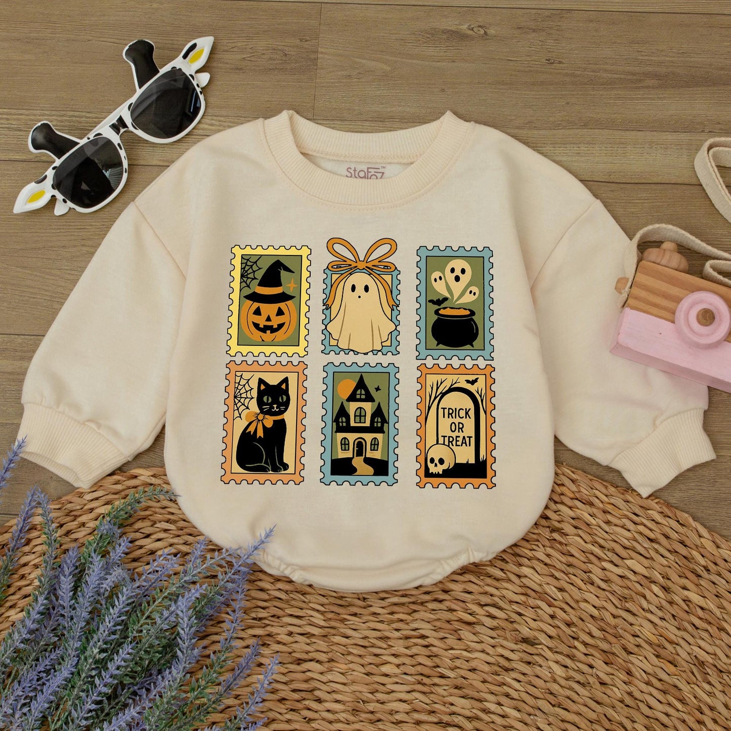 Vintage Halloween Stamp Sweatshirt Trick or Treat Ghost Jack-o'-Lantern Crewneck Spooky Season Outfit