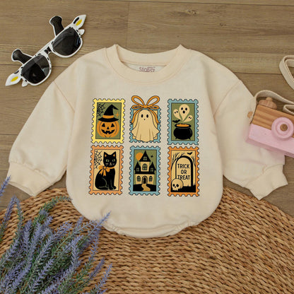 Vintage Halloween Stamp Sweatshirt Trick or Treat Ghost Jack-o'-Lantern Crewneck Spooky Season Outfit