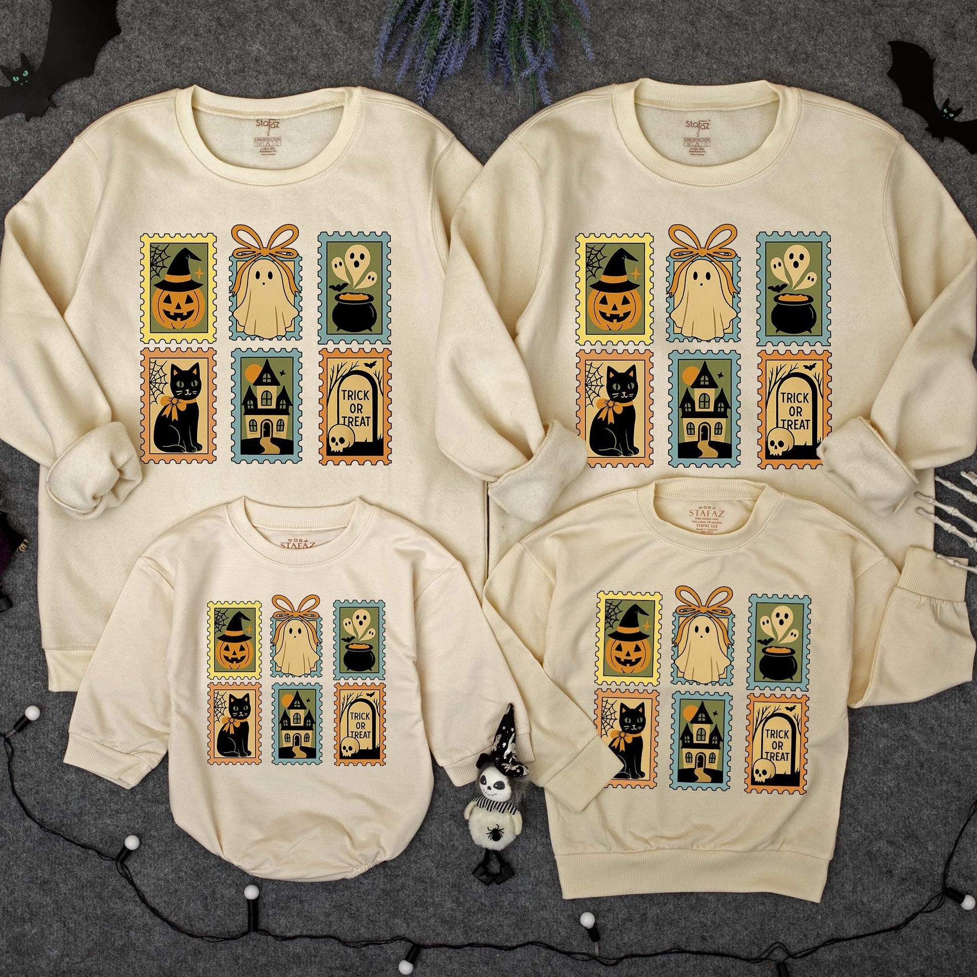 Vintage Halloween Stamp Sweatshirt Trick or Treat Ghost Jack-o'-Lantern Crewneck Spooky Season Outfit