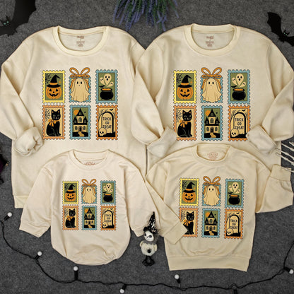 Vintage Halloween Stamp Sweatshirt Trick or Treat Ghost Jack-o'-Lantern Crewneck Spooky Season Outfit